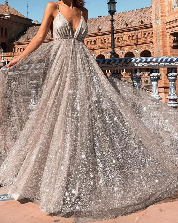 Womens V Neck Solid Sleeveless Irregular Sequin Lace Backless Party Dress