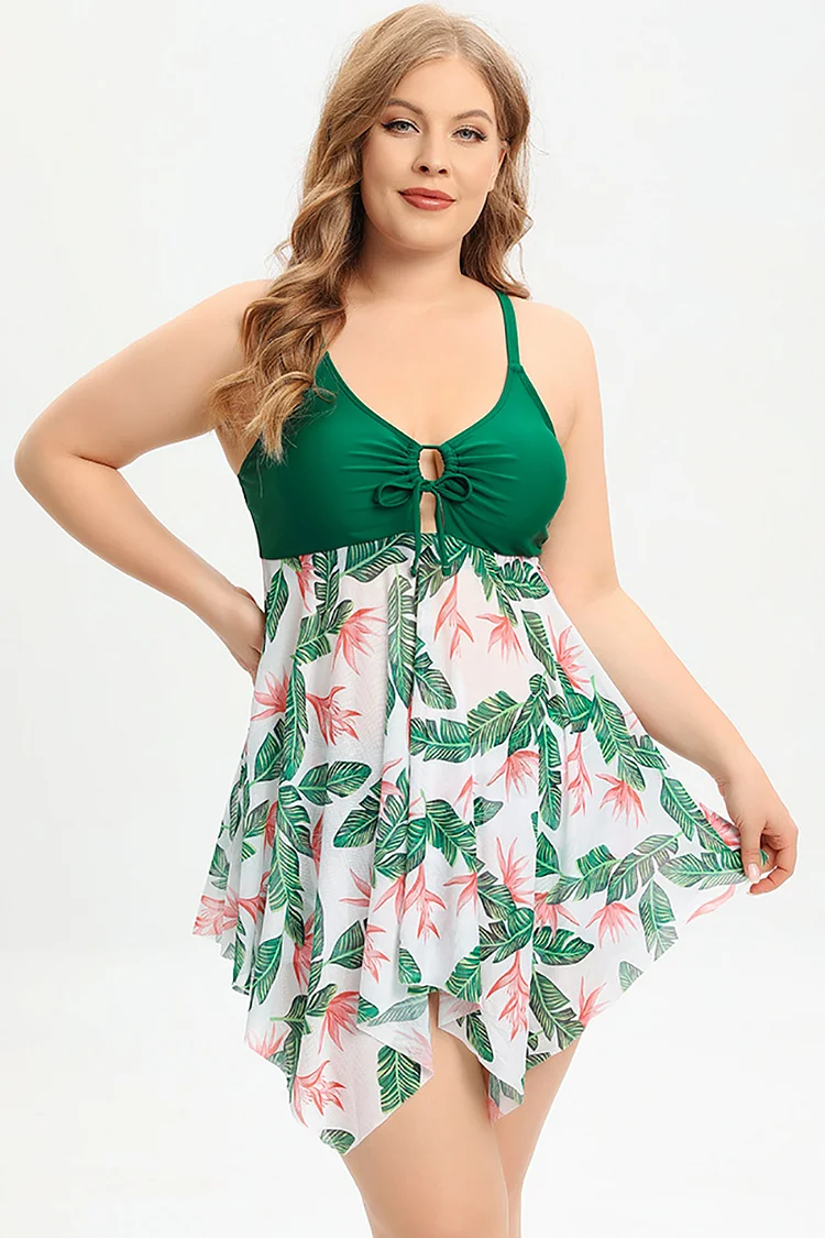 Fashion Green Plant Floral Print Flat Angle Trunks Split Swimwear  Flycurvy [product_label]