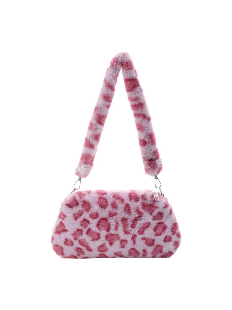 Portable Plush Shoulder Handbag Women Animal Print Underarm Bag Purse (2)