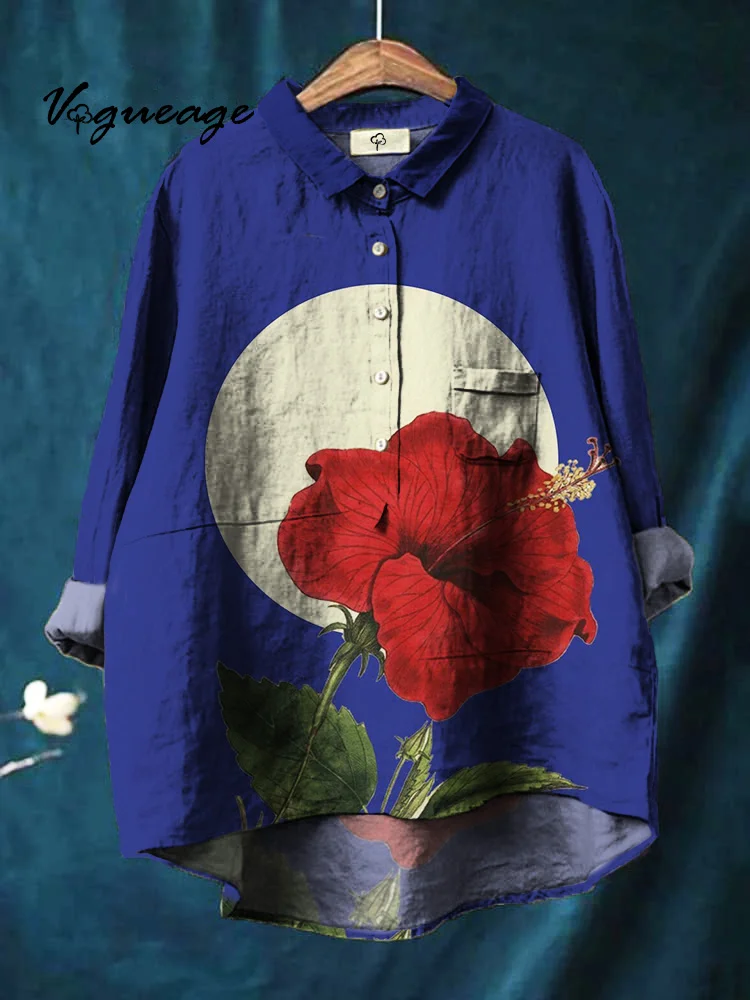 Bright And Simple Rose Moon Print Cotton And Linen Shirt