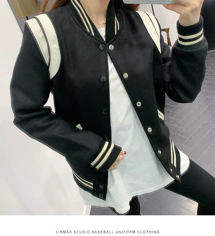 Aonga Woman Baseball Uniform Genuine Leather Jacket Wool Coat  Same Style For Men And Women Short Jacket Fashion Couple Clothes