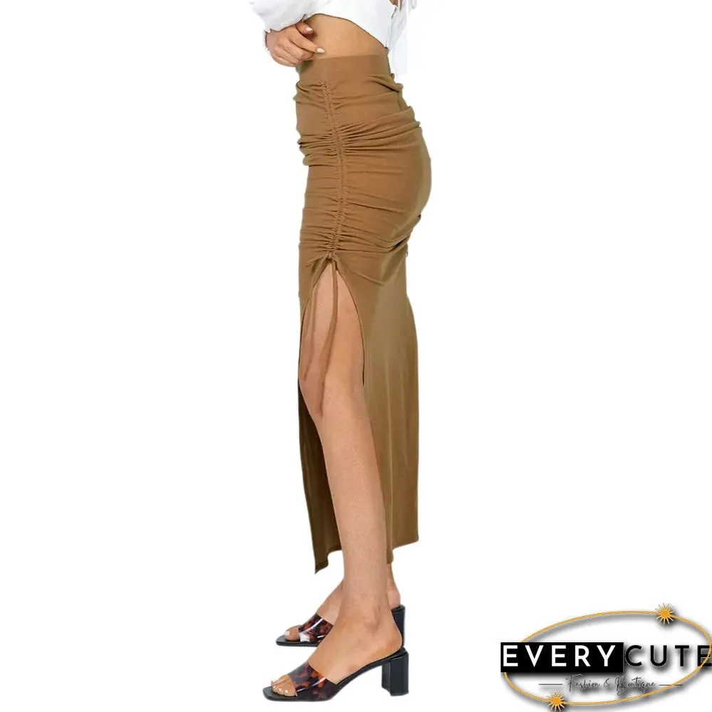 Khaki Slit Pleated Bodycon Maxi Skirt