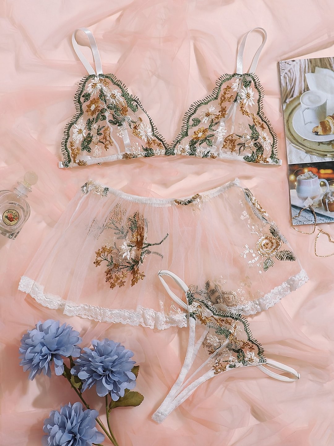 3pack Plus Embroidered Mesh Lingerie Set & Skirt