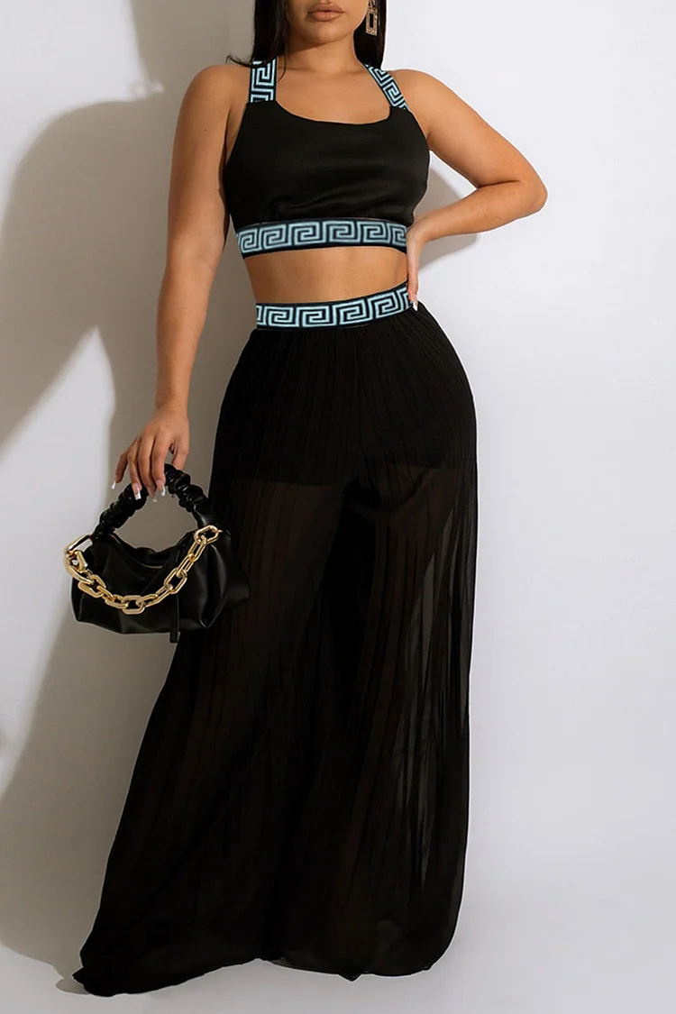 Black Sexy Print Patchwork Spaghetti Strap Sleeveless Two Pieces