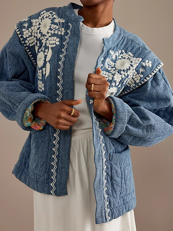 Long Sleeve Printed Pocket Single Row Coat