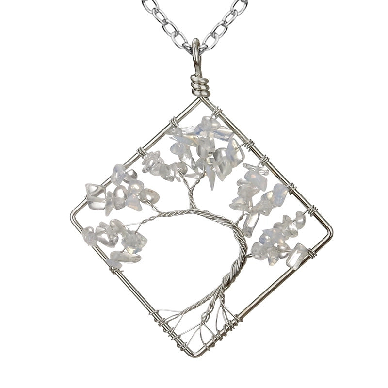 Fashion Square Tree Natural Stone Crystal Metal Beaded Hollow Out Pendant Necklace 1 Piece