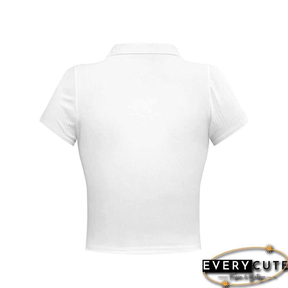 White Rib Turndown Collar V Neck Short Sleeve Tops