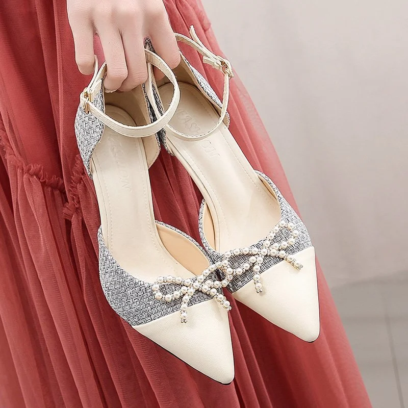 Women Sexy Pearl Bowknot Pumps 2022 New Ankle Strap Thin High Heels Party Shoes Woman Spring Summer Pointed Toe Sandals