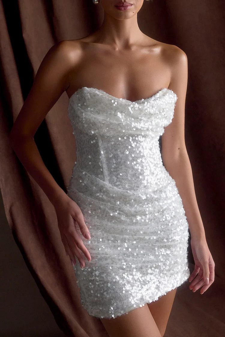 Sequins Strapless Corset Design Bodycon Mini Dresses-White [Pre Order]