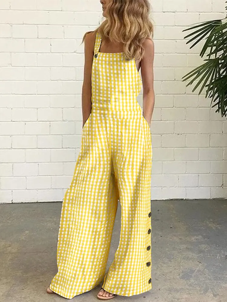 VONDA Women Jumpsuits 2022 Summer Wide Leg Full Length Sexy Sleeveless Vintage Checked Plaid Suspenders Playsuits Long Overalls