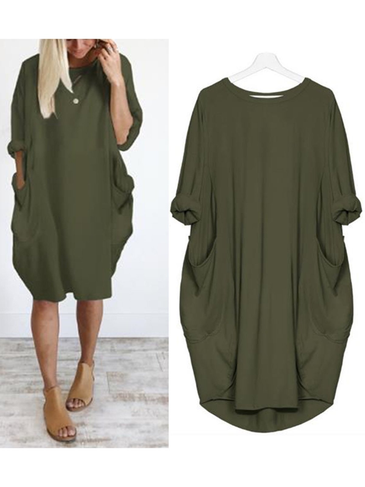 Women Batwing Pockets Casual Solid Dress