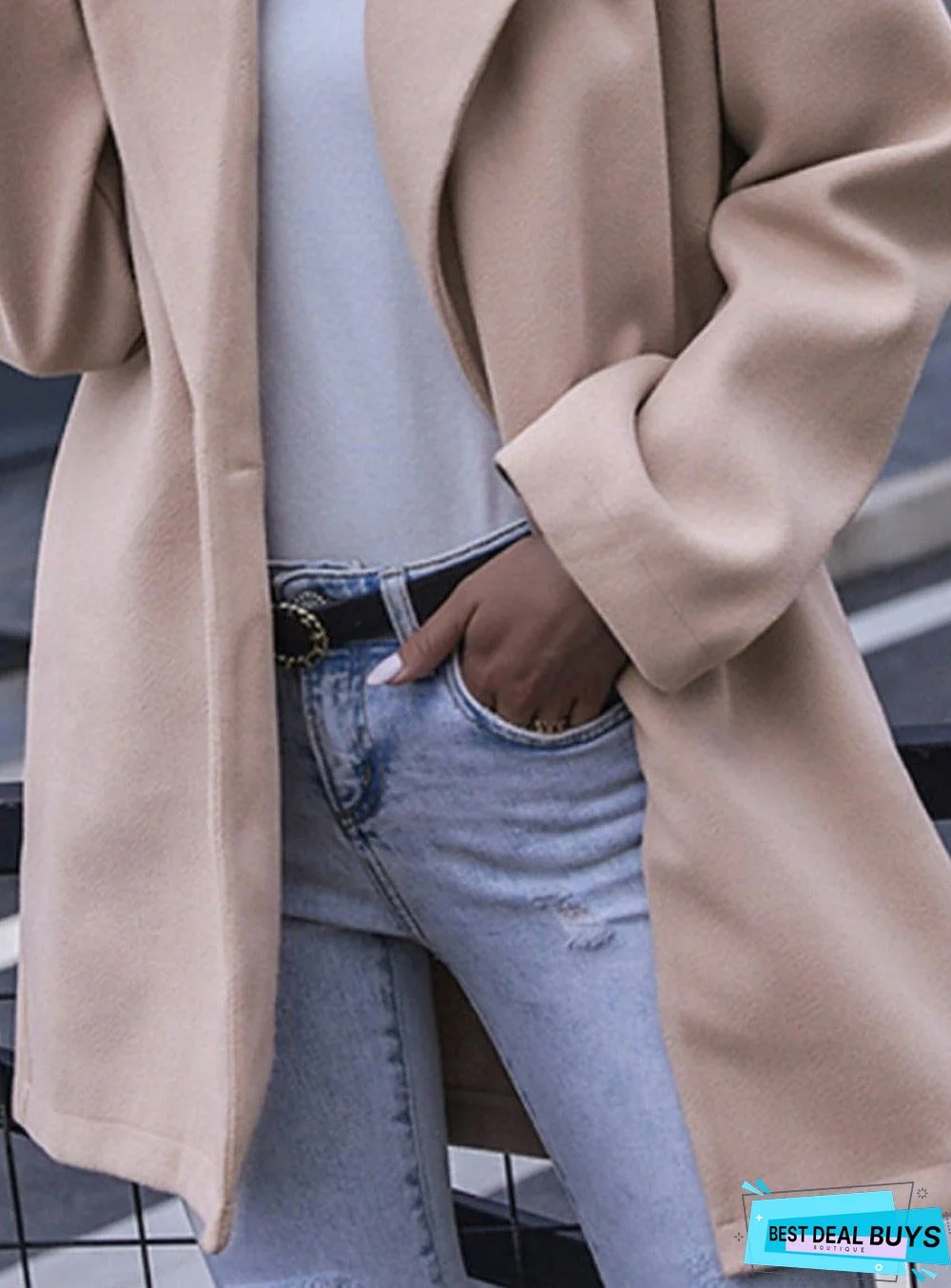 Solid Color Double Pocket Loose Woolen Coat