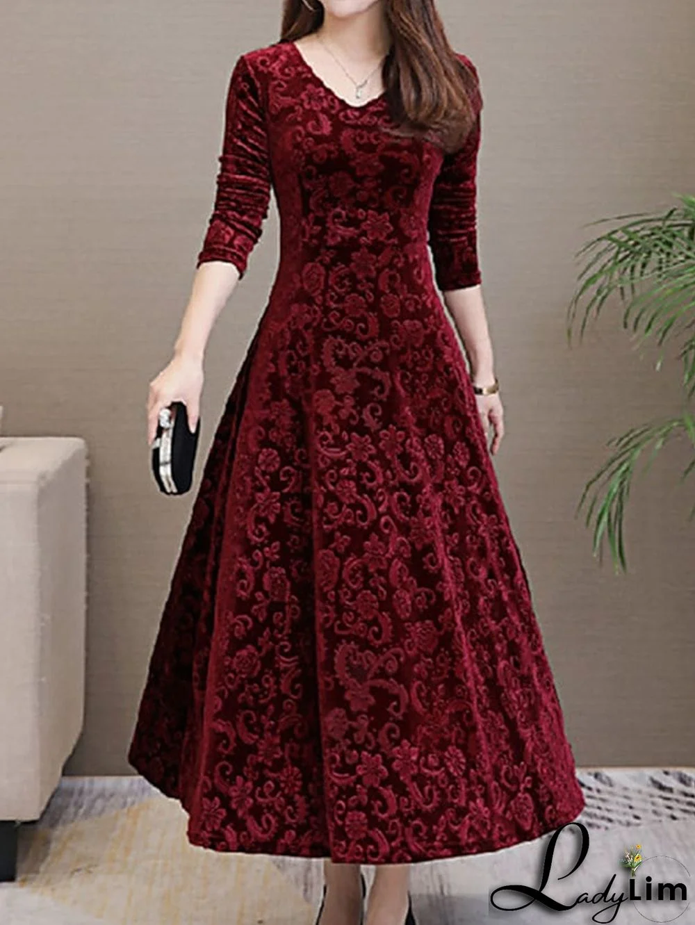 Retro V Neck 3/4 Sleeve Textured Floral A-line Midi Dress