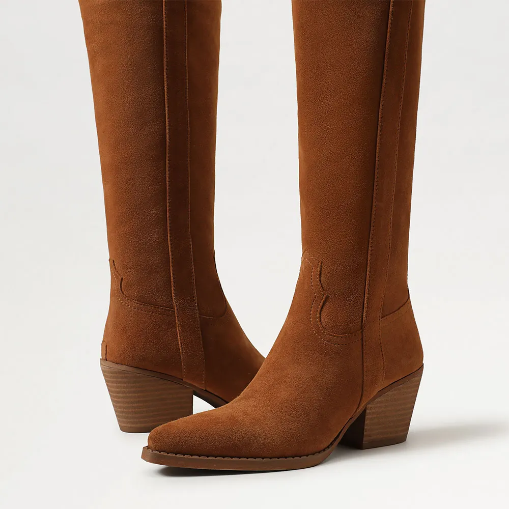 Classic Tan Pointed Toe Block Heel Cowboy Boots for Women