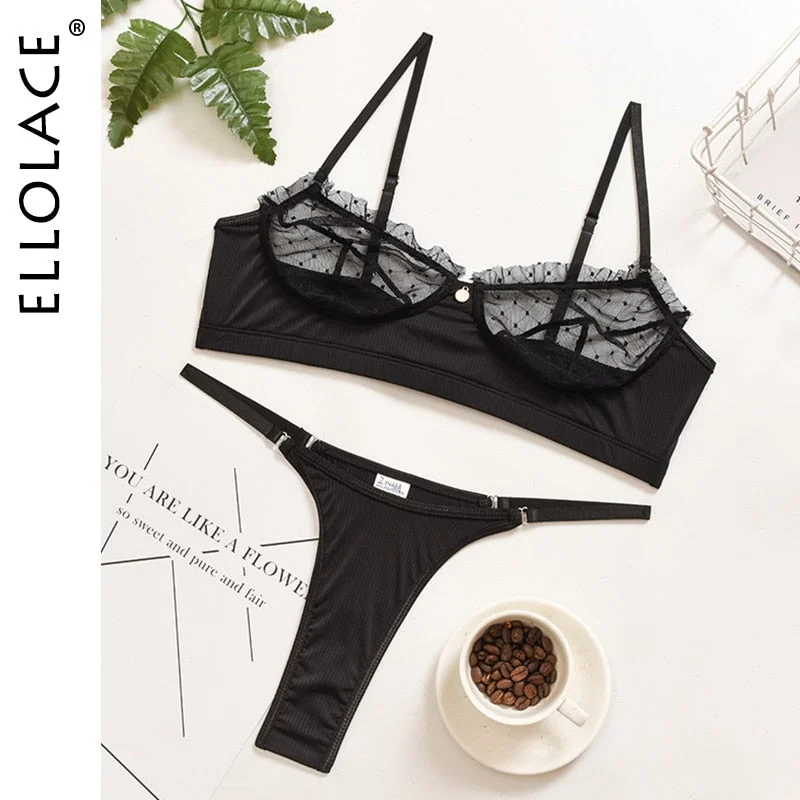 Ellolace Ruffle Lace Lingerie Sexy Women's Underwear Transparent Short Skin Care Kits Sexy Lace Bra Brief Sets Erotic Intimate