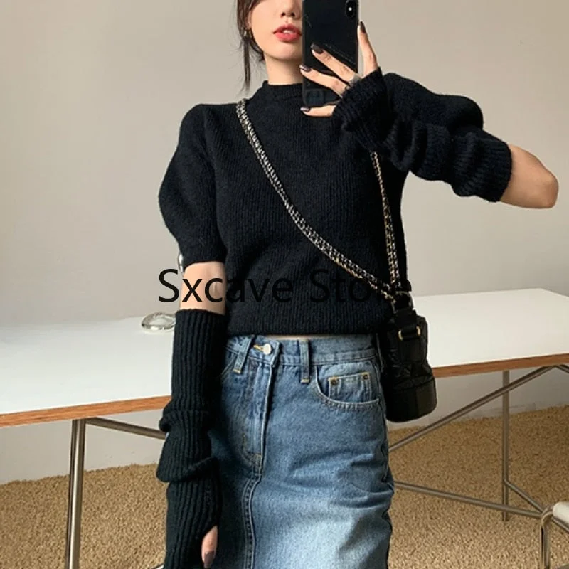 2022 Spring Knitted Sweater Women Casual Design Long Sleeve Pure Color Slim O-Neck Pullover Korean Y2k Crop Tops Office Lady