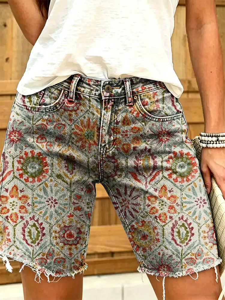 Women's Vintage Floral Print Denim Shorts