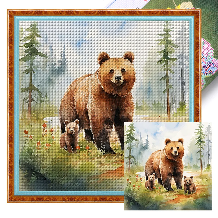 【Huacan Brand】Mother'S Day-Brown Bear Mother And Child 11CT Stamped Cross Stitch 45*45CM