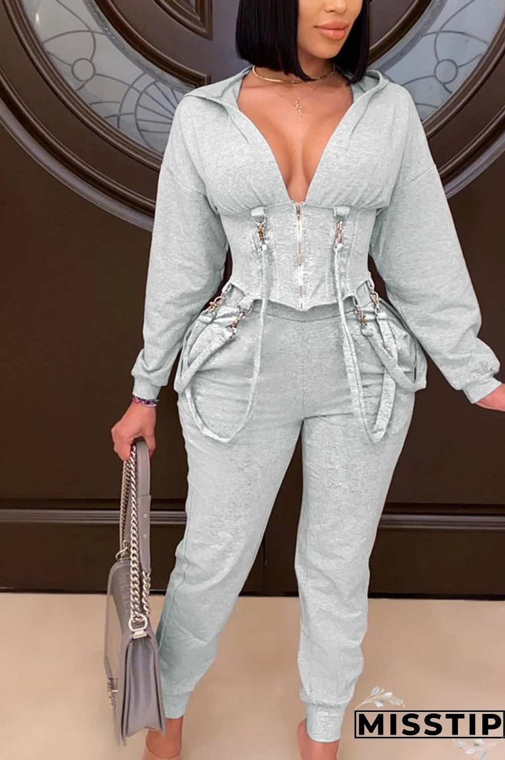 Grey Daily Patchwork Solid Patchwork V Neck Long Sleeve Regular Sleeve Two Pieces