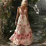 Resort Style Boho Floral Embroidery Women's Linen Spaghetti Strap Maxi Dress - Image 2