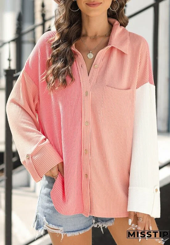 Pocketed Color Block Collared Neck Long Sleeve Shirt