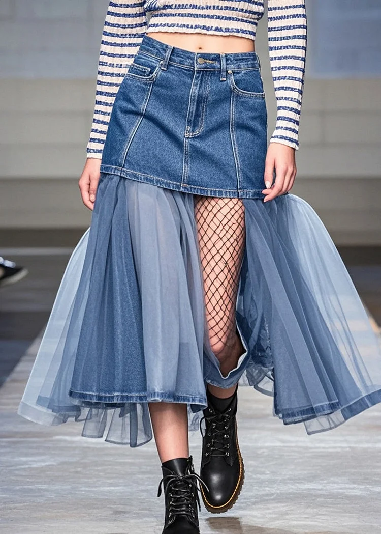 Women Green Asymmetrical drawstring Patchwork Tulle Skirts Spring