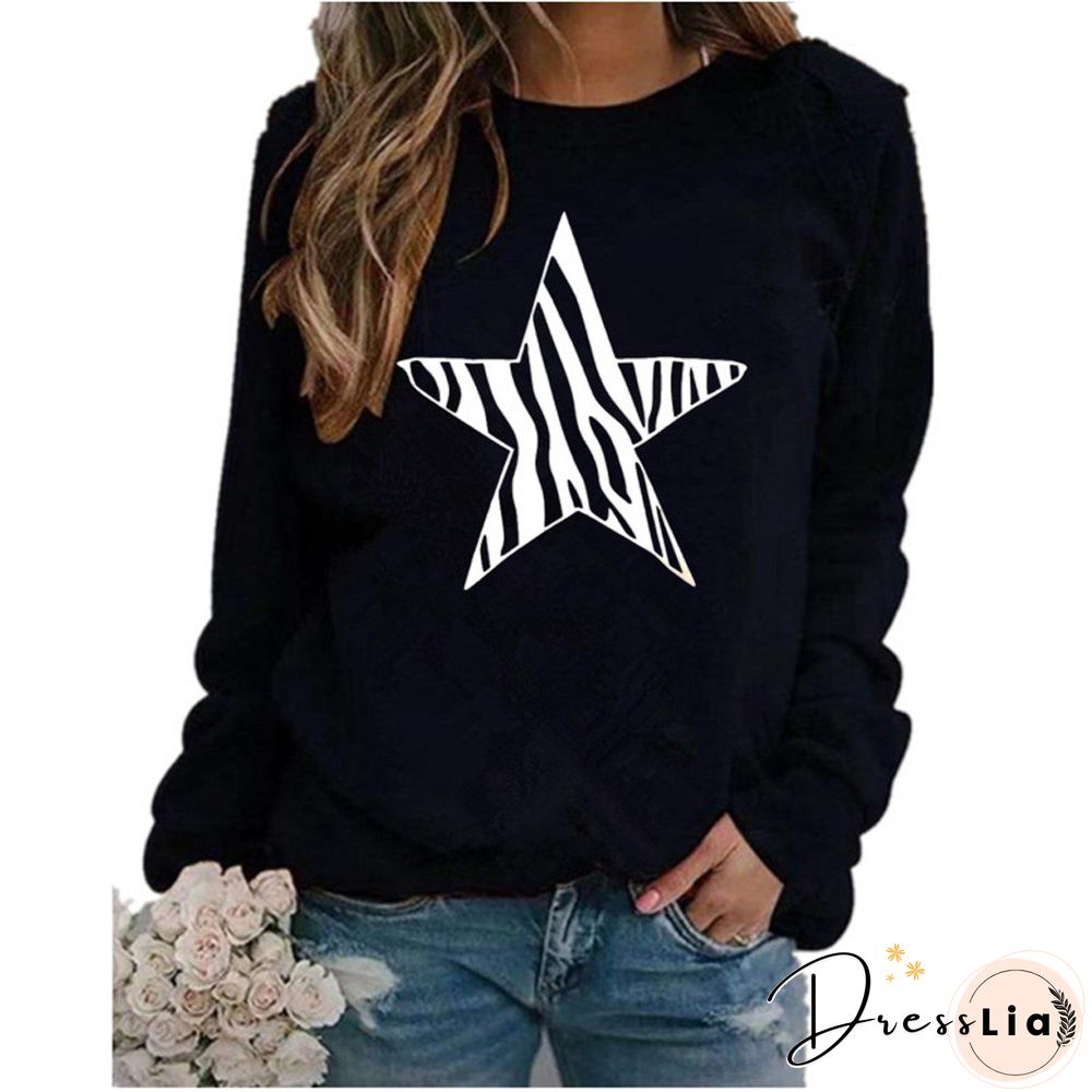 Women StarPrint Sweatshirts O-Neck Long Sleeve Pentagram Five-pointed Star Pattern Ladies Casual Female PulloversPoleronMujer
