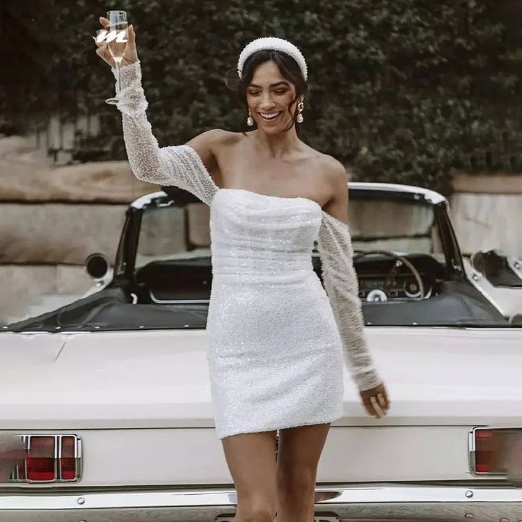 Girlwedding Off Shoulder Beading Mini Sheath Short Wedding Dress For Women Shiny Long Sleeves Above Knee Bridal Gown