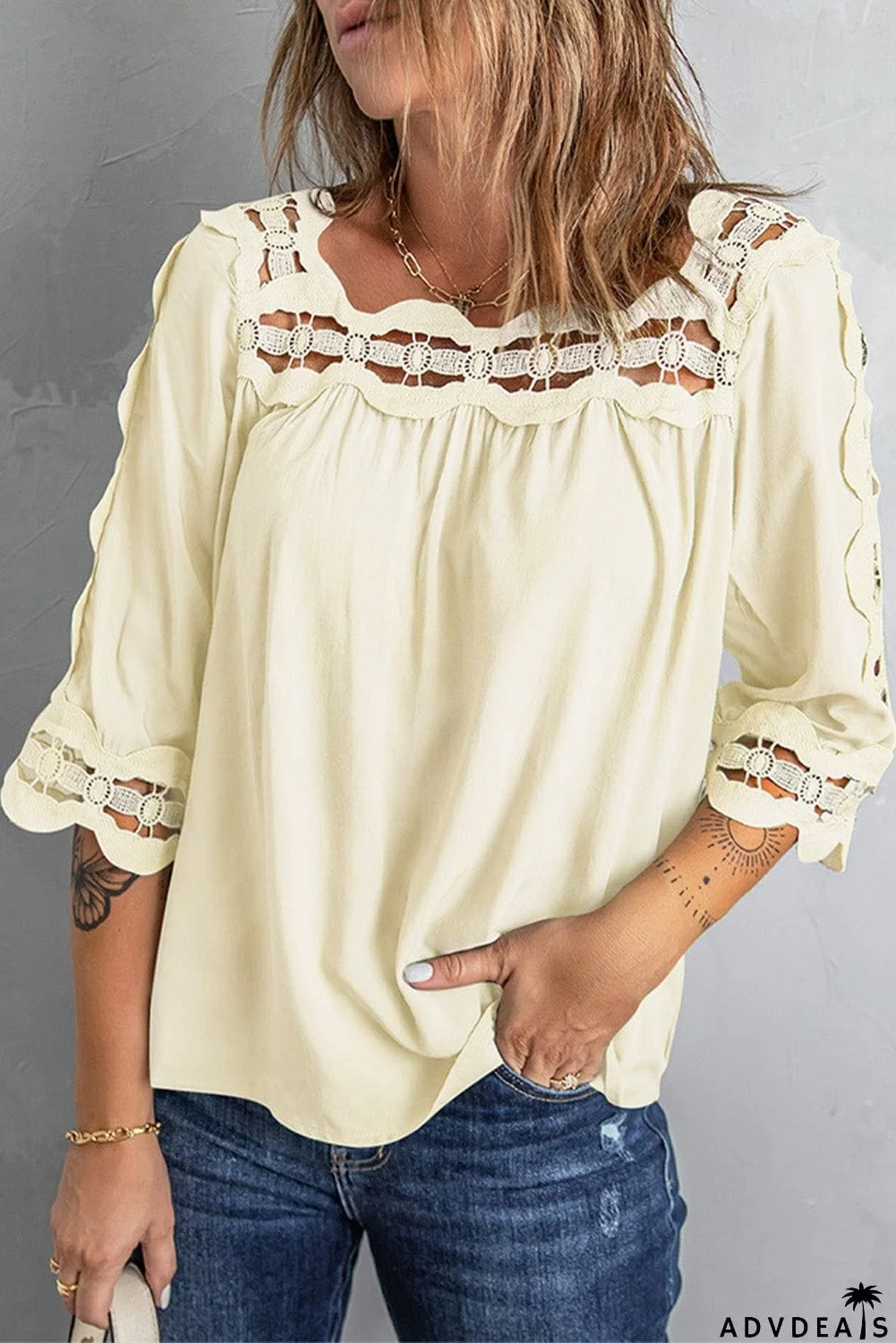 Cute Half Sleeve Beige Crochet Blouse