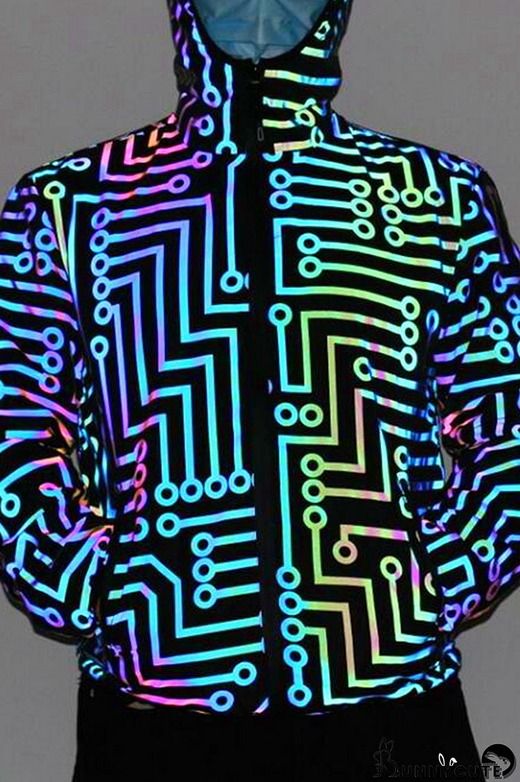 Black Fashion Street Print Pocket Zipper Hooded Collar Outerwear