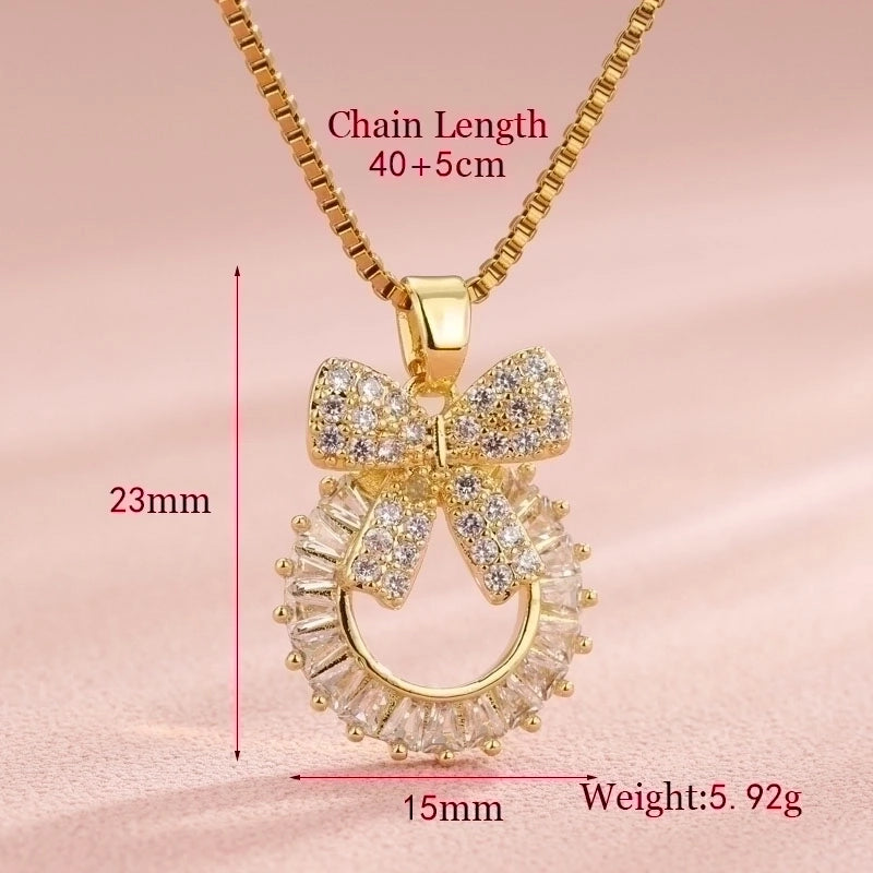 Vintage Style Heart Shape Flower Bow Knot Stainless Steel Copper Plating Inlay 18K Gold Plated Zircon Pendant Necklace
