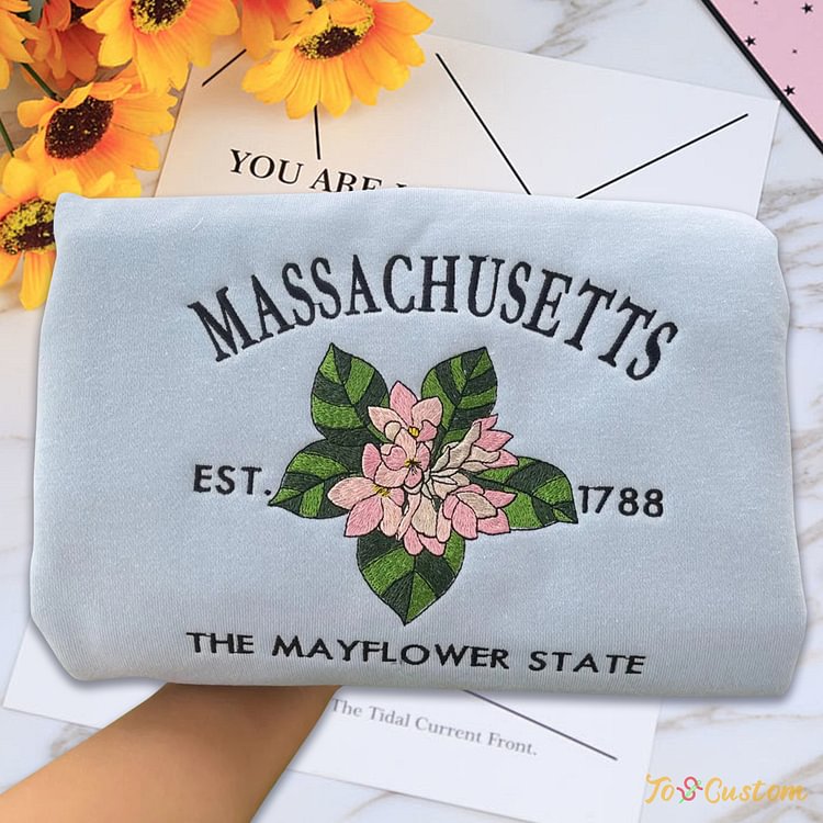 TOSCUSTOM™ Embroidered Massachusetts State 1788 Mayflower Floral Sweatshirt