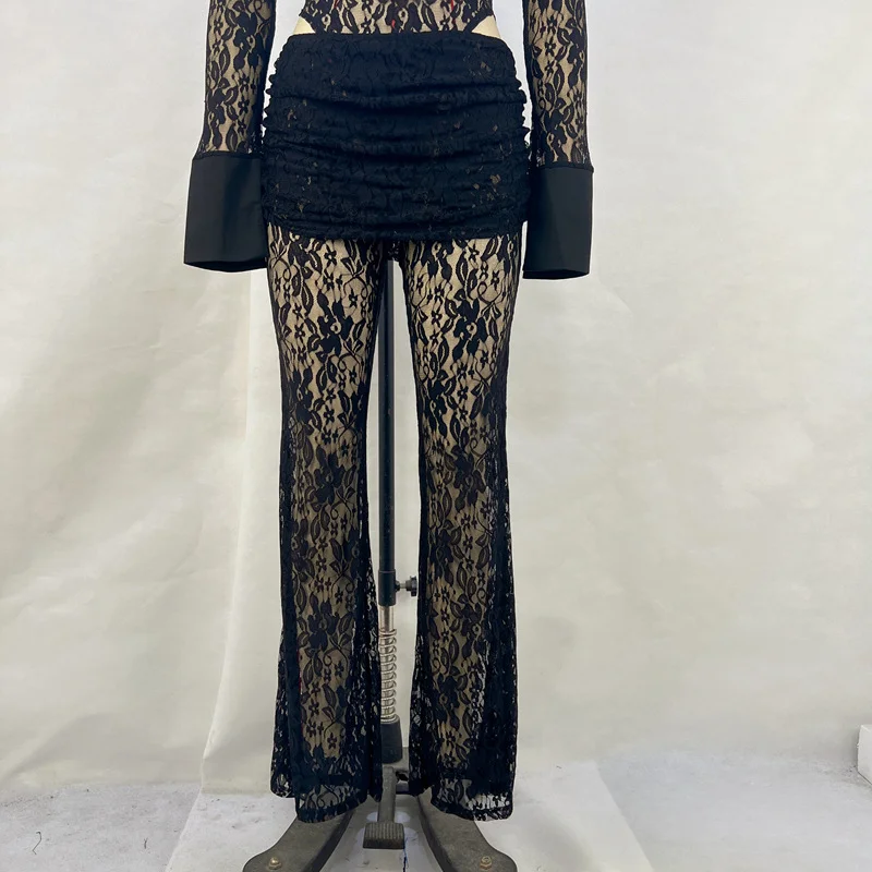 Woherb Woherb Sexy Lace Stitching Deep V Long Sleeve Top Slim See-Through High Waist Bell Bottoms Women's Suit-Outfit Ideas