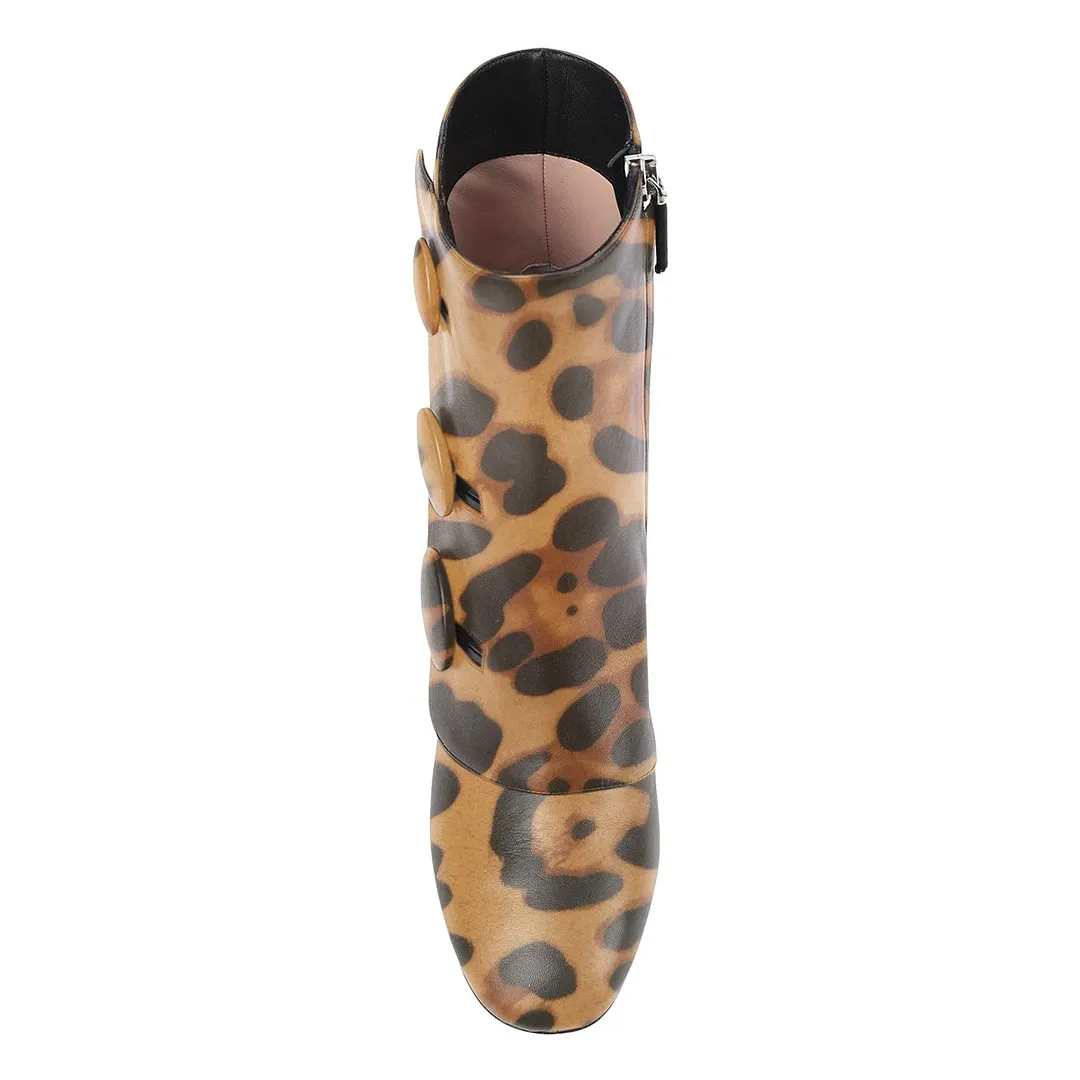Brown & Black Side Zipper Button Leopard Print Short Boots for Women