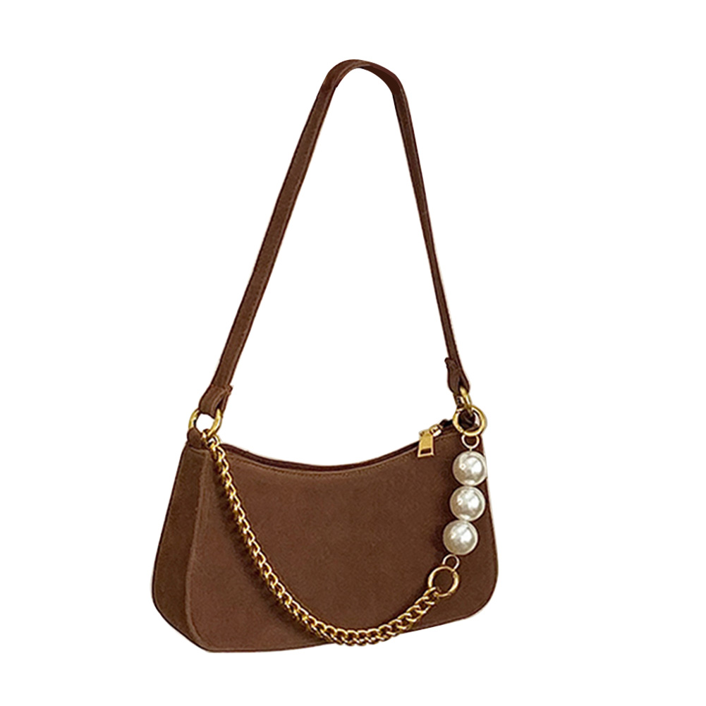

French Pearl Chain Underarm Bag Retro Women Velvet Messenger Purse, Brown, 501 Original