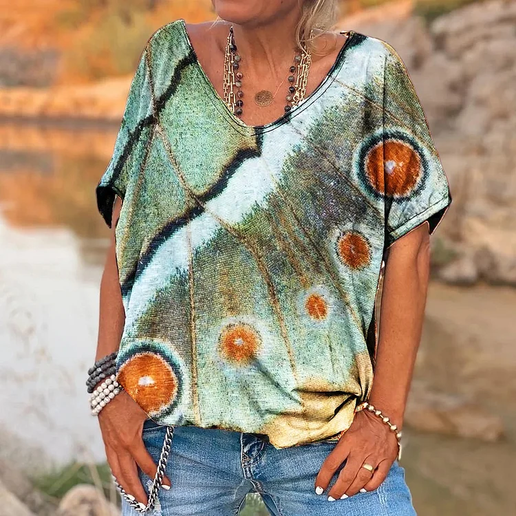 Women's V-neck butterfly wings art print top socialshop