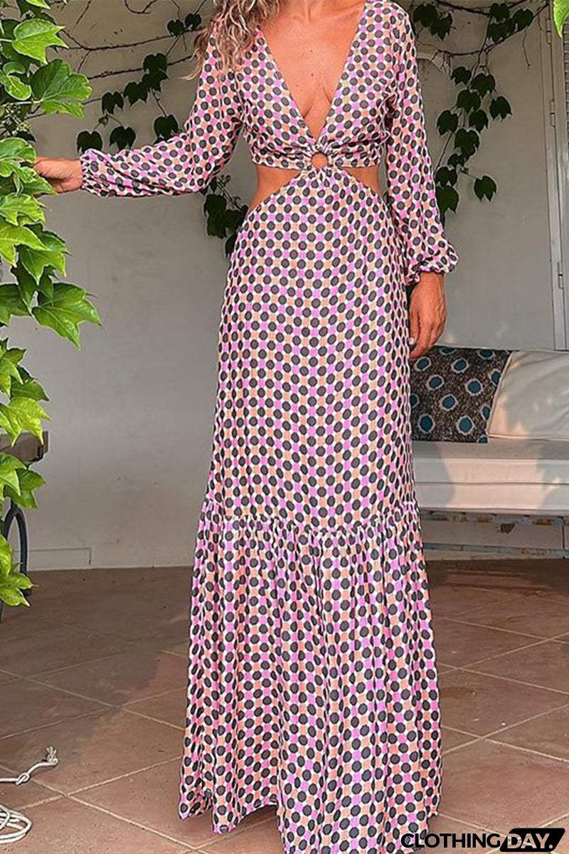 Sexy Geometric Print Asymmetrical V Neck Printed Dress Dresses