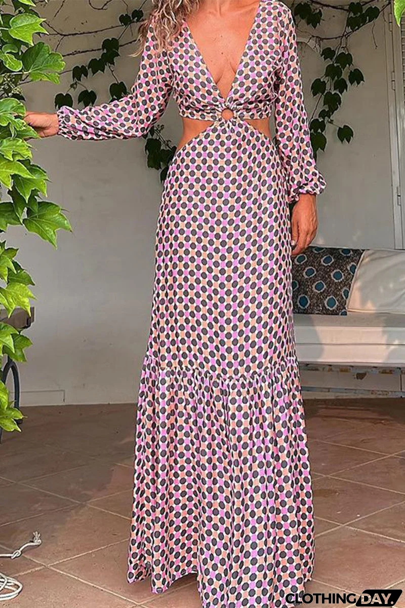 Sexy Geometric Print Asymmetrical V Neck Printed Dress Dresses