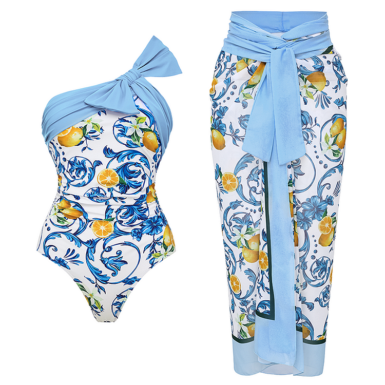 Lemon Print One Shoulder One Piece Swimsuit and Sarong or Skirt Flaxmaker