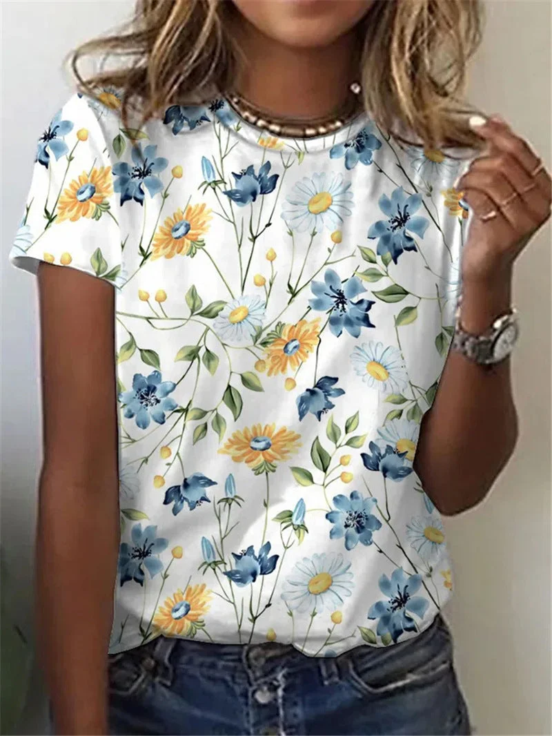 Women's Flower Print Short Sleeve Round Neck Casual Top T-Shirt