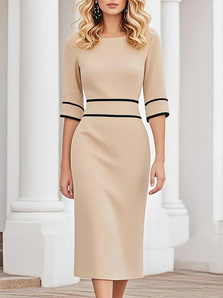 【24-hour shipping out】Elegant And Stylish Black Line Trim Khaki Midi Dress
