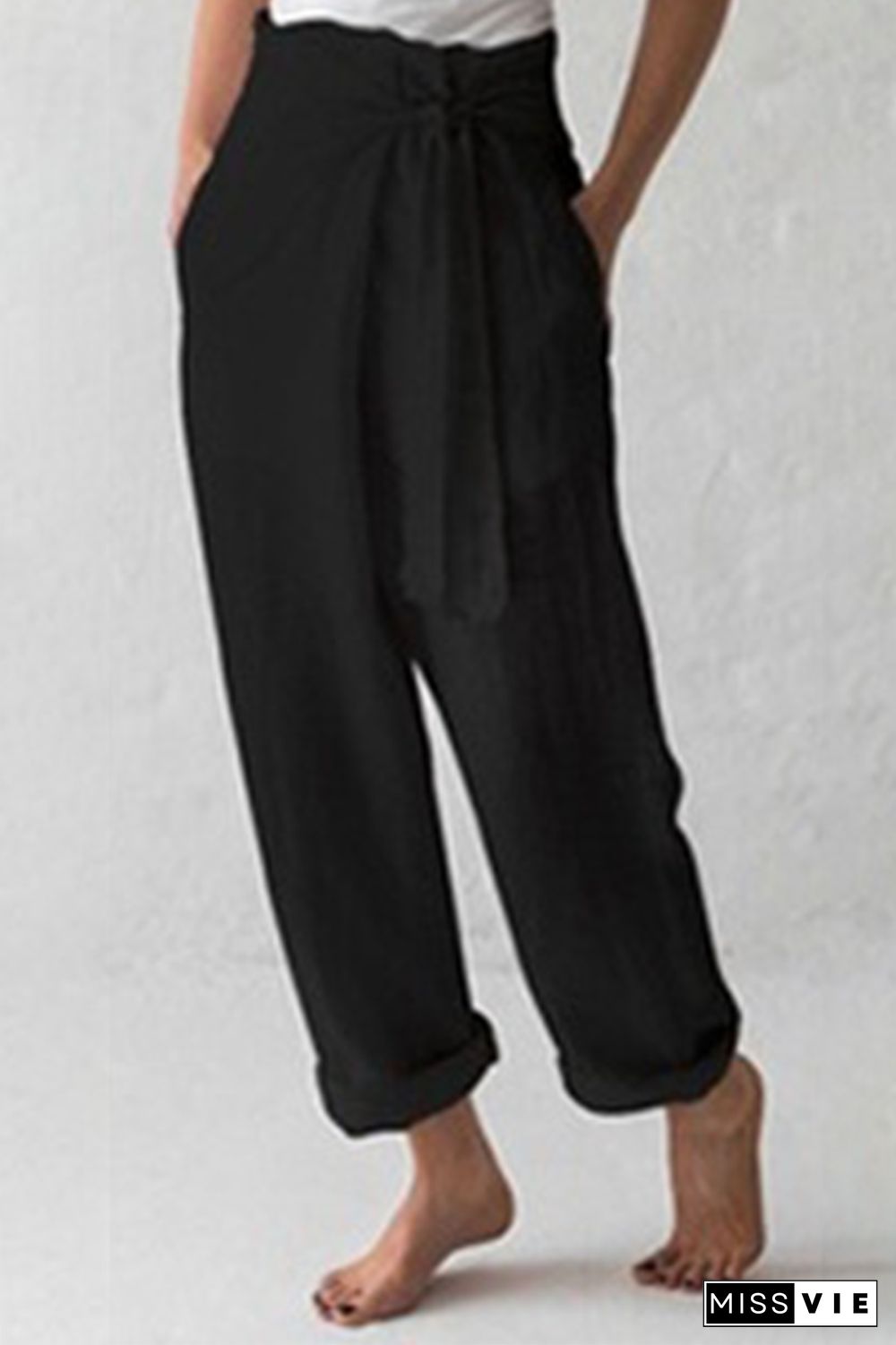Casual Solid Strap Design Straight Mid Waist Solid Color Bottoms