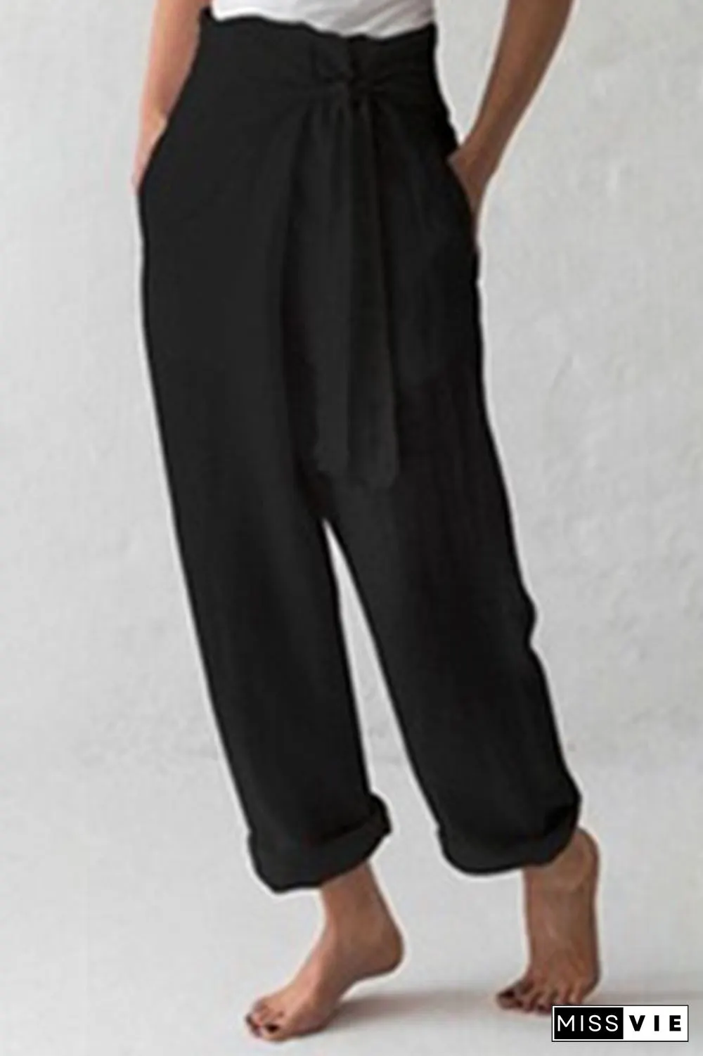 Casual Solid Strap Design Straight Mid Waist Solid Color Bottoms