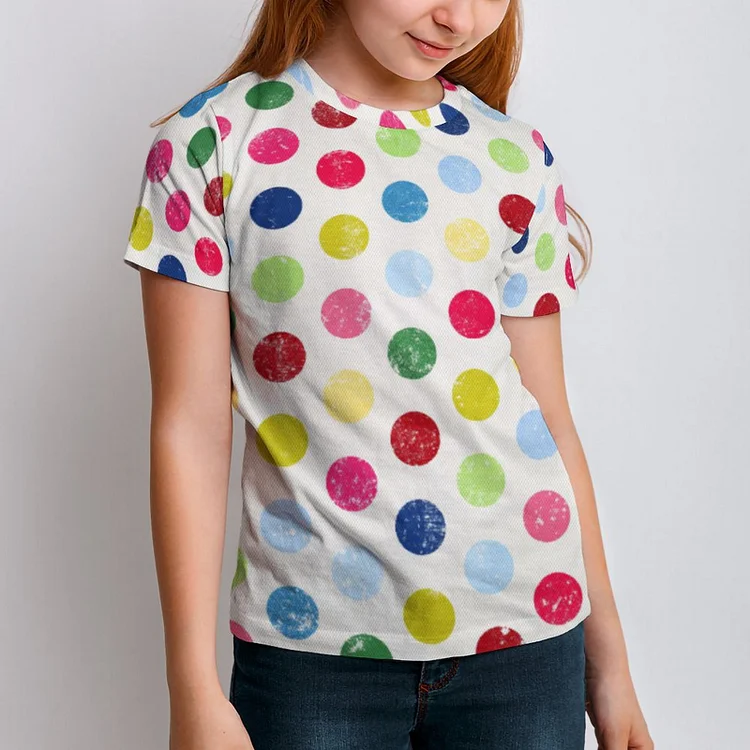 Rainbow Primary Polka Dots Boys Girls T-Shirts Kids Casual All over Print Graphic Short Sleeve 3D Tee - Heather Prints Shirts