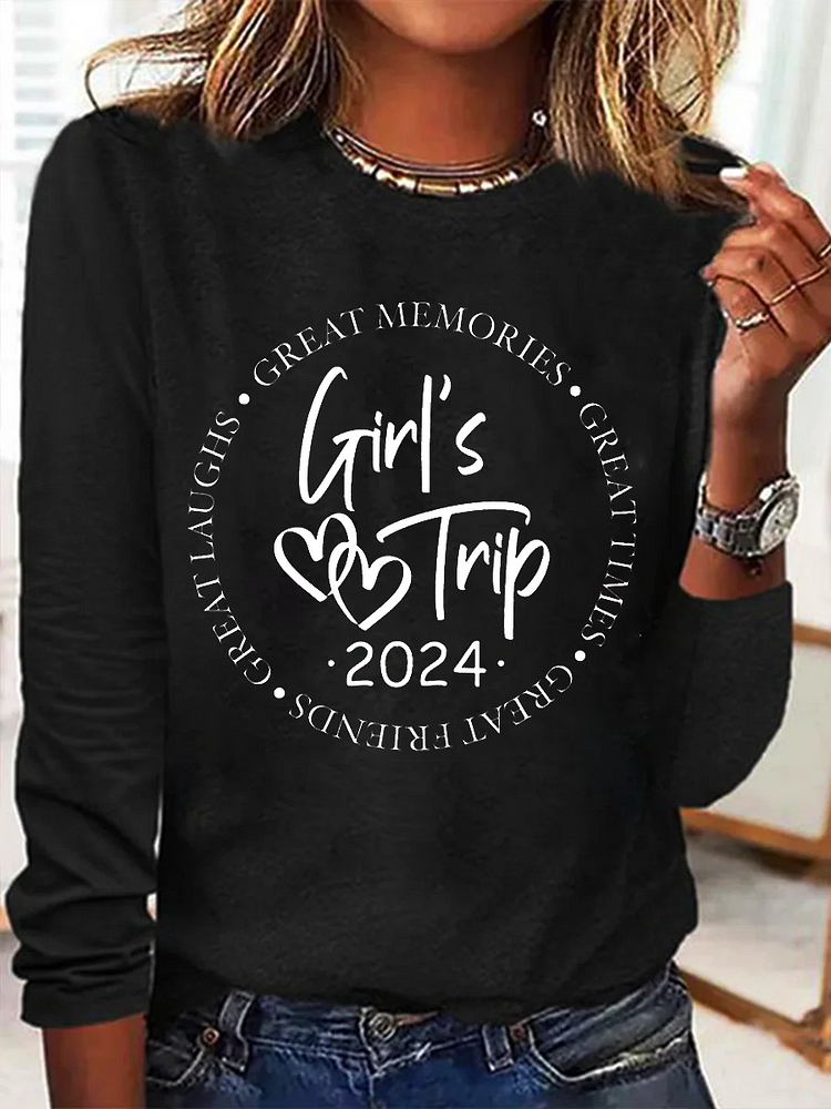Women's Girl's Trip 2024 Funny Graphic Printing Text Letters Casual Regular Fit Crew Neck Shirt socialshop