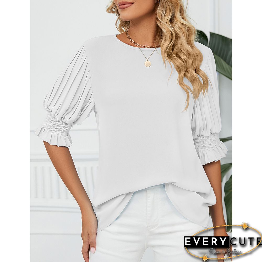 White Back Keyhole Ruffle 1/2 Sleeve Chiffon Blouse