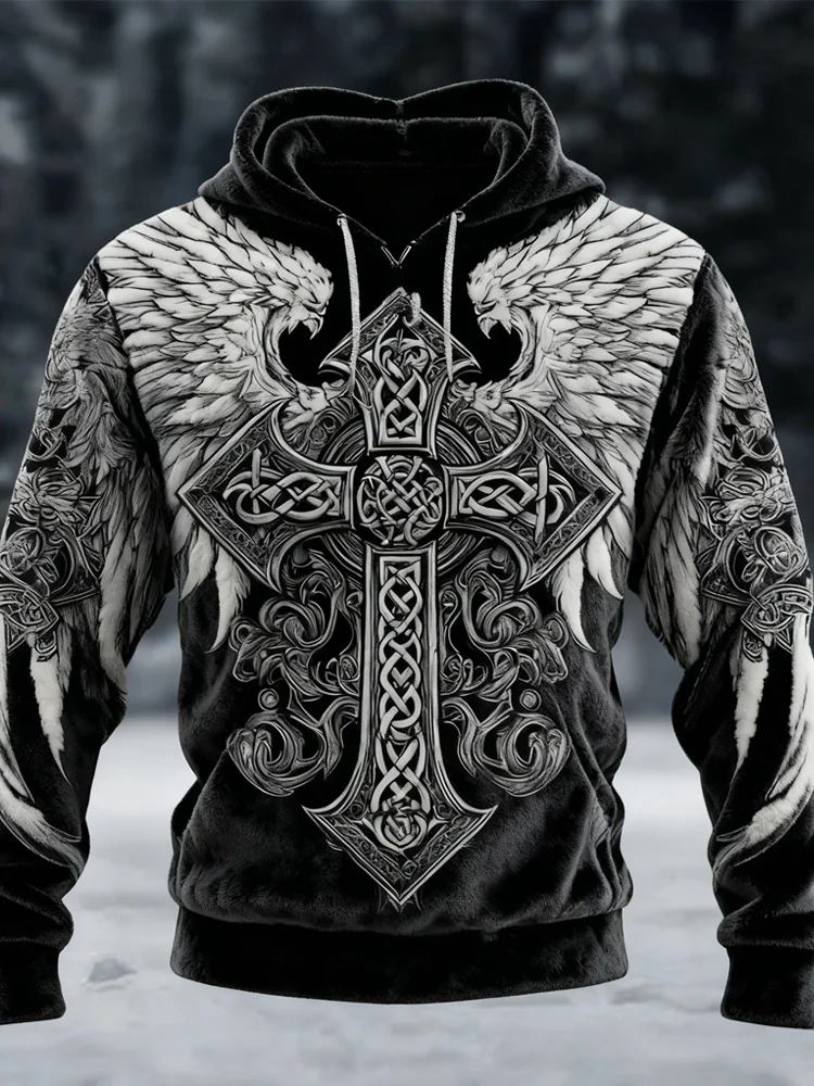 Men's Celtic Cross With Wings Pattern Viking Cozy Plush Hoodie