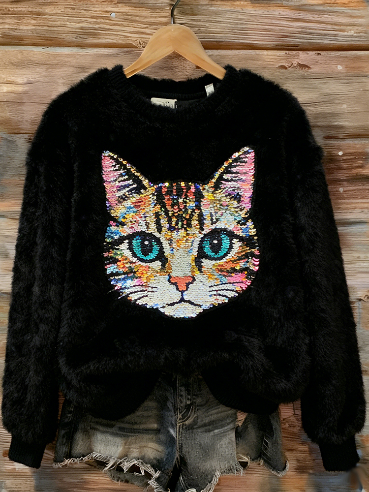 Colorful Sequin Cat Warm Black Hoodie wearshes