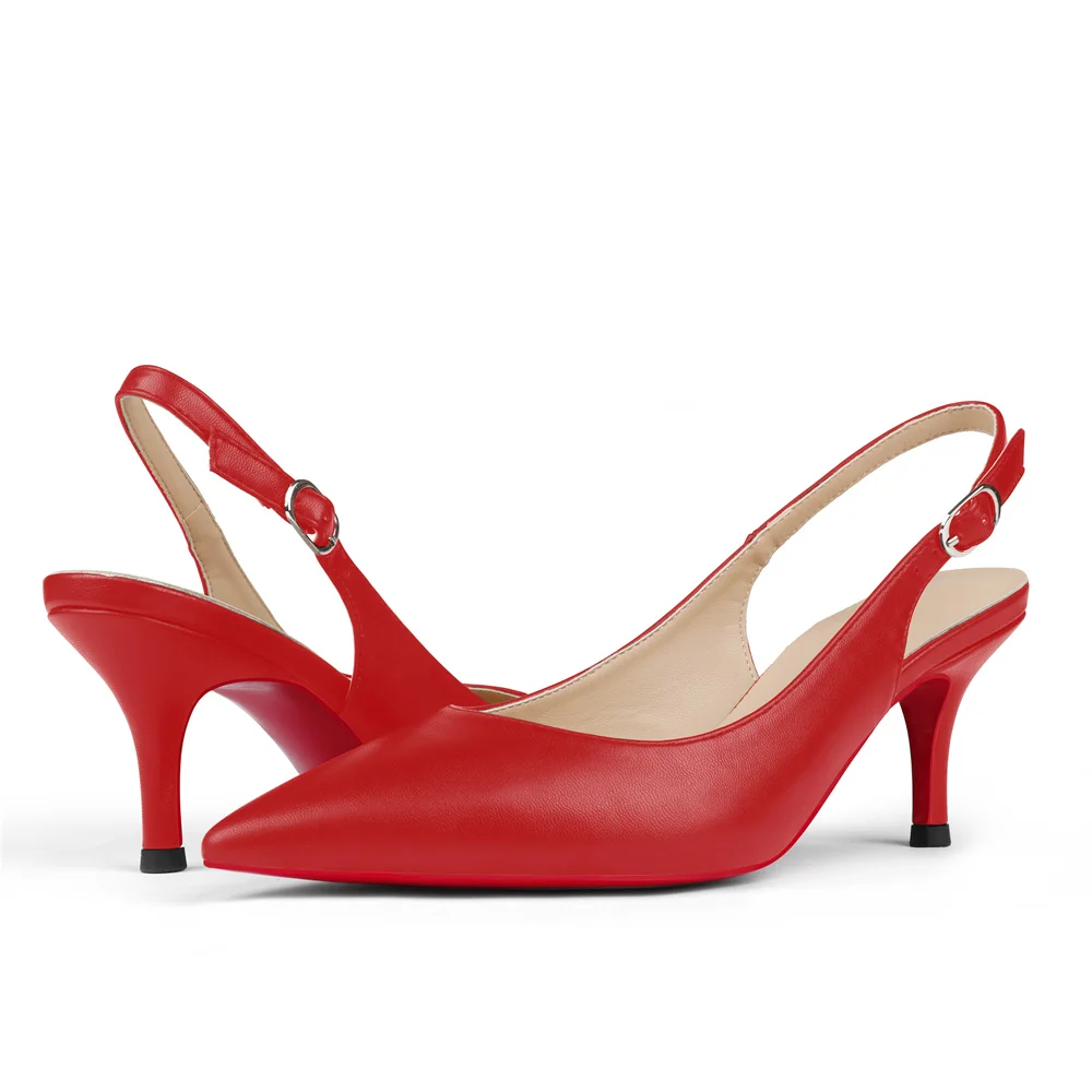 2.36" Women's Pointed Toe Red Bottom Sandals Slingback Shoes Kitten Heel Pumps Matte-MERUMOTE