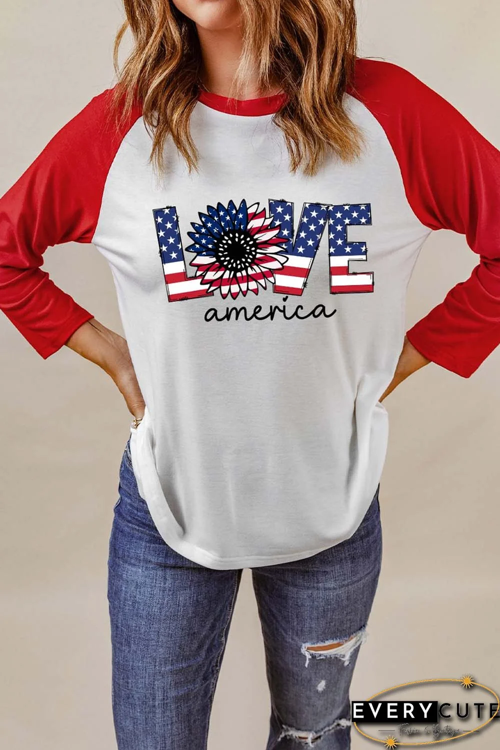 Red LOVE America Graphic Print Raglan Top